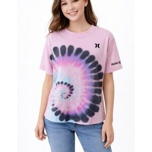 Hurley Girls Tie Dye T Shirt Pink Short Sleeve Logo Graphic Size L (12–13)
